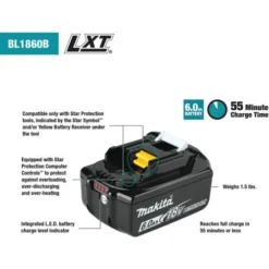 Makita® LXT® Power Tool Battery, 6.0Ah, Lithium-Ion, 18V, 55 Min Charge Time